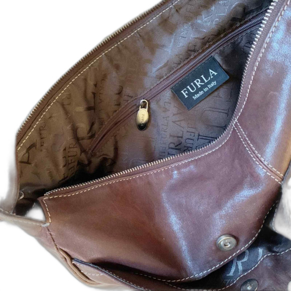 FURLA Leather Hand Bag Brown Purse Shoulder Clutch - Picture 7 of 8